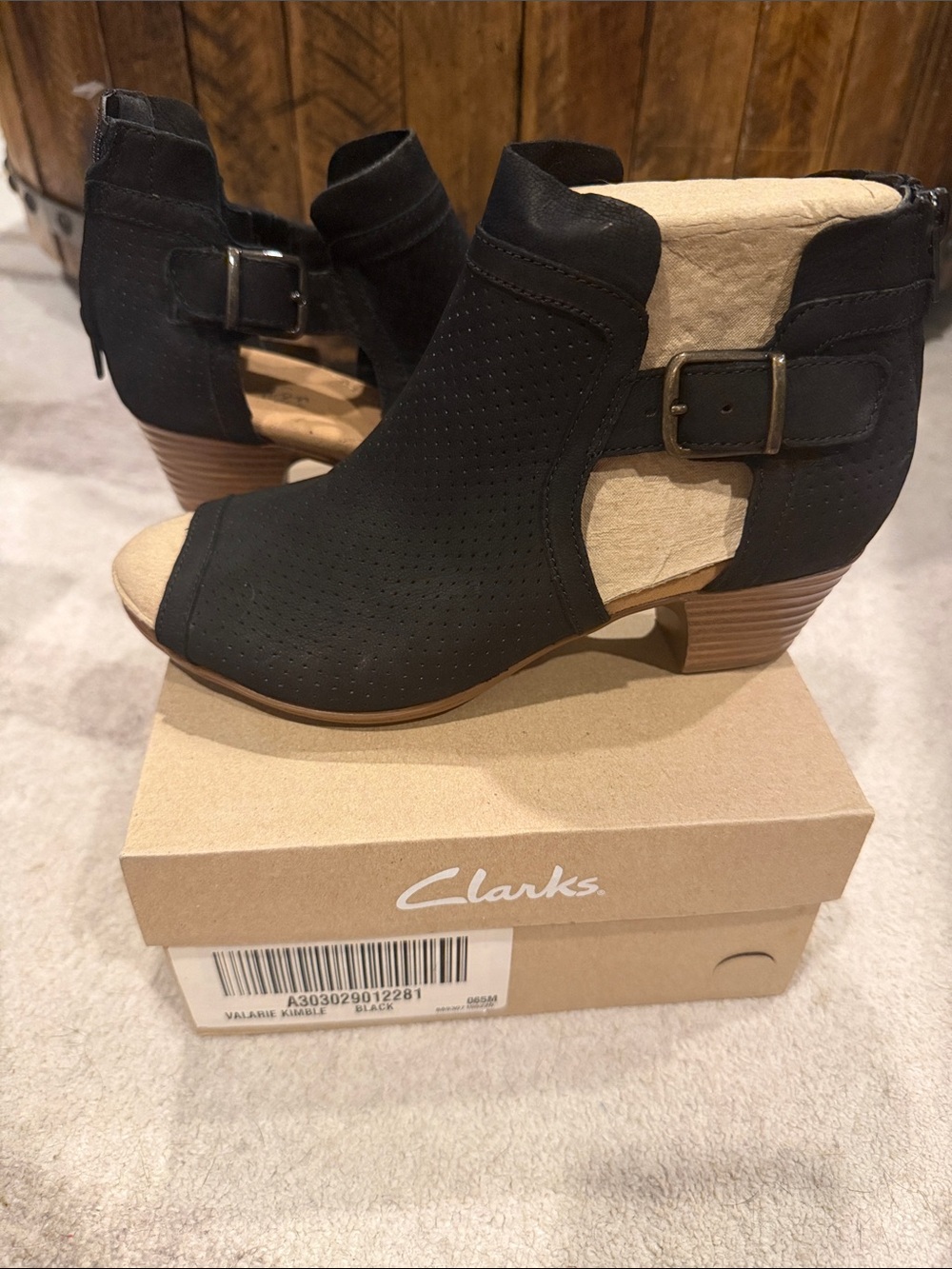 Clarks Black Open-Toe Perforated Ankle Bootie with Side Buckle